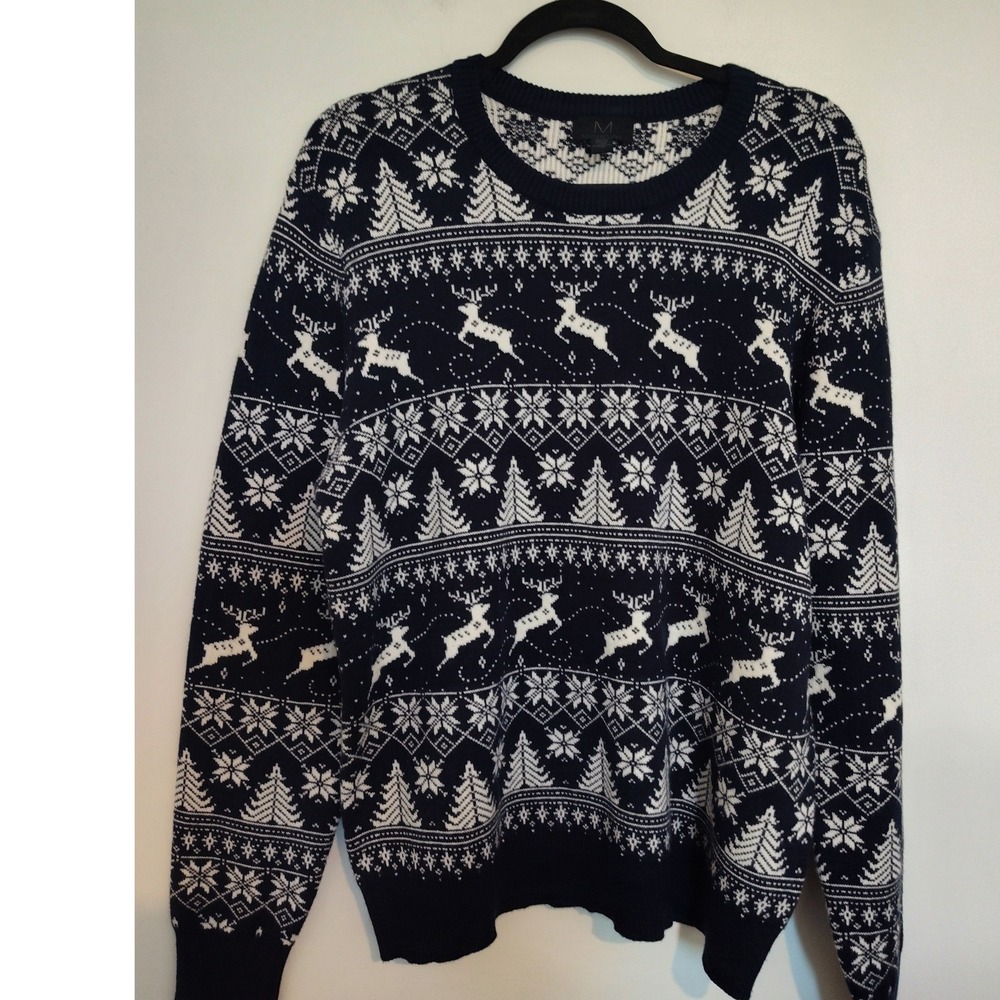 Magaschoni Mens Navy Blue White Fair Isle Reindeer Snowflake Christmas Sweater M